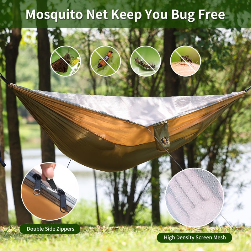 Qevooon Camping Hammock  Portable Hammocks with Mosquito Net Lightweight Nylon Parachute Hammock with 10ft Tree Straps Camping Gear Must Haves for Travel Hiking Backpacking Beach Patio-Green&Khaki - Image 3